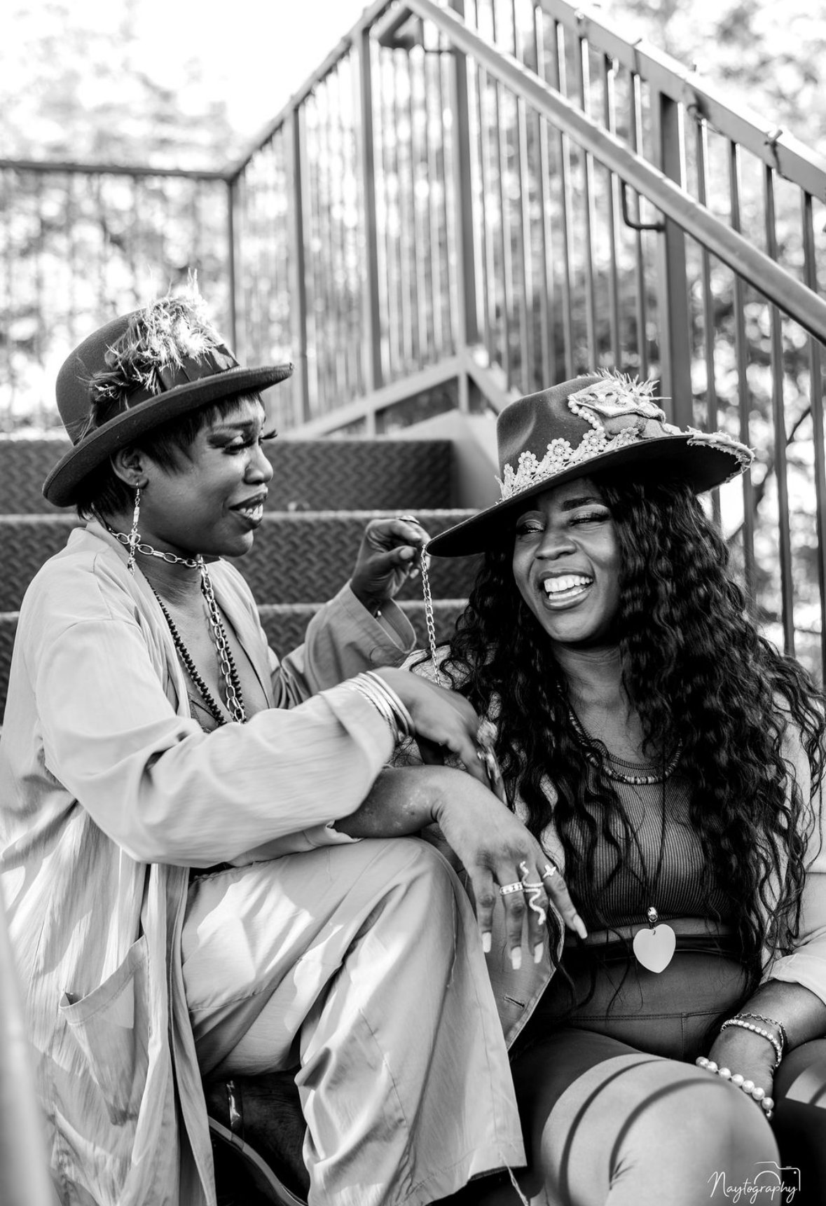 Sassy and friend laughing black and white